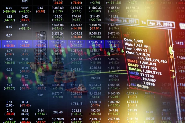 Stock market concept met olieplatform in de Golf-achtergrond, dubbele blootstelling — Stockfoto