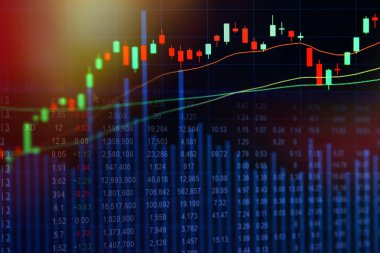 Business candle stick graph chart of stock market investment trading on Cityscape background