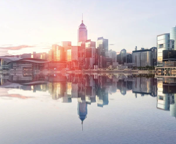 Cidade Hong Kong Com Nascer Sol Reflexão — Fotografia de Stock