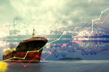 Double exposure of stocks market chart concept with International Container Cargo ship in the ocean, Freight Transportation, Shipping, Nautical Vessel, clipart