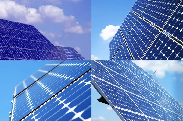 Painéis Solares Ligados Com Uma Fotocélula Azul Substituindo Antigas Fontes — Fotografia de Stock