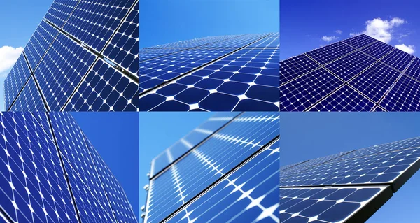 Painéis Solares Ligados Com Uma Fotocélula Azul Substituindo Antigas Fontes — Fotografia de Stock