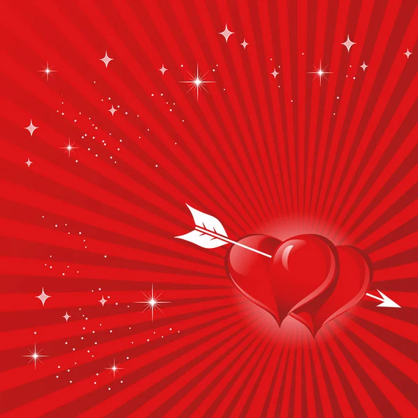 Tvåfärgad röd bakgrund med hjärtan med en vit pil i dem — Stock vektor