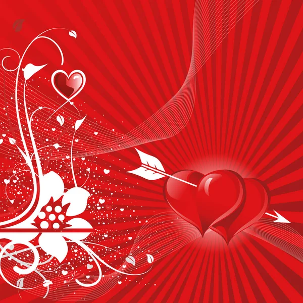 Tvåfärgad röd bakgrund med hjärtan med en vit pil i dem — Stock vektor