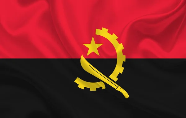 Angola country flag on wavy silk fabric background panorama — Stock Photo, Image