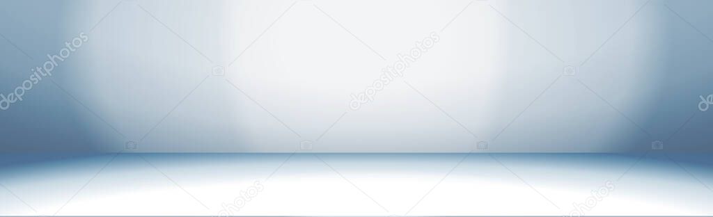 Blue panoramic studio background with white glow - Vector