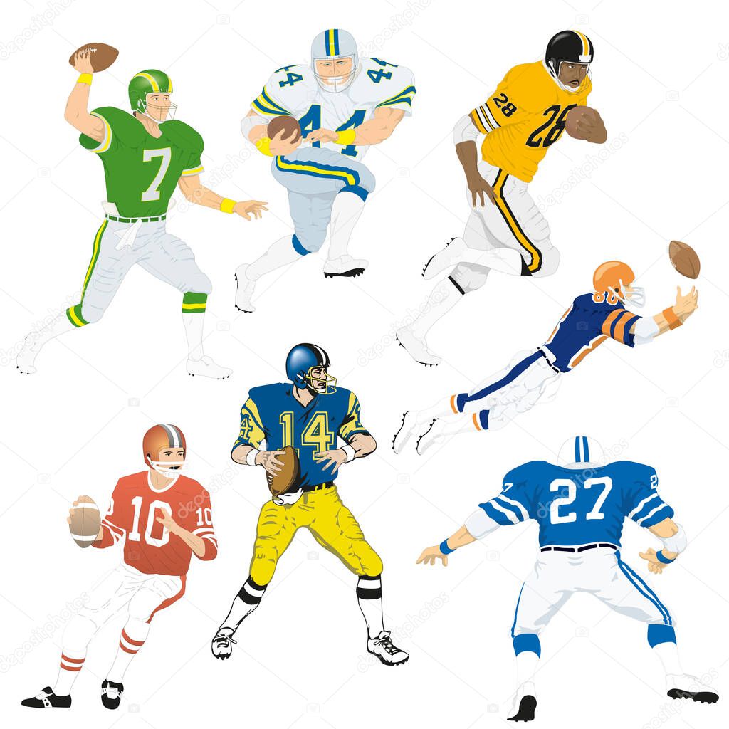 A selection of American football players on a white background - Vector illustration