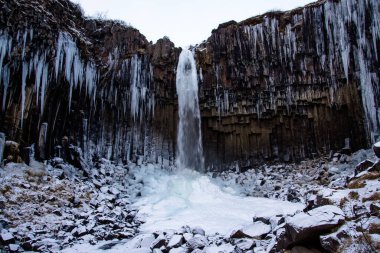 Svartifoss şelalesi İzlanda 'nın güneyinde bazalt sütunlarla çevrili. Etrafı lava sütunlarıyla çevrilidir, bu da adını ortaya çıkarmıştır..