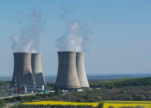 Cooling Towers Nuclear Power Plant Mochovce Yellow Field Rapeseed Front — Stock Photo, Image