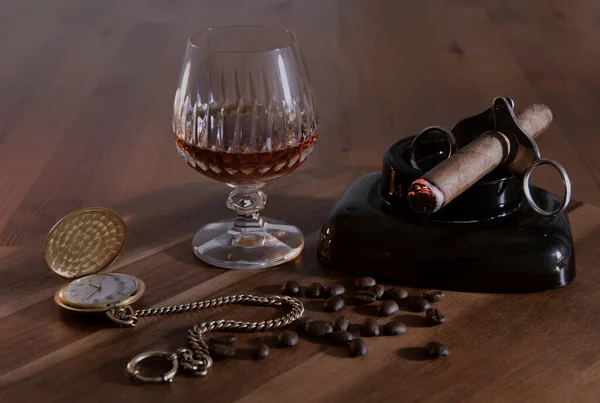 Cigar Cognac Gold Watch Chain Beautiful Still Photo Concept Luxury — Stock Photo, Image