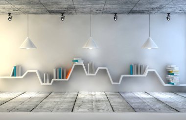      Güzel bir mobilya ile modern iç oda. Minimalist bookshelf dramatik beton ve ahşap arka plan, modern sanat. 3D render. 