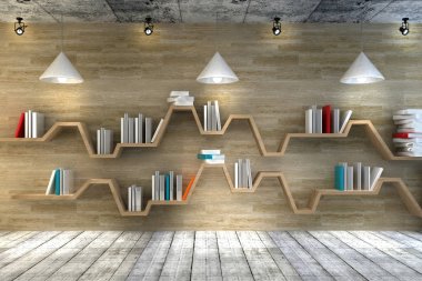      Güzel bir mobilya ile modern iç oda. Minimalist bookshelf dramatik beton ve ahşap arka plan, modern sanat. 3D render. 