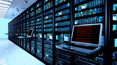     yaratıcı iş web telekomünikasyon, internet teknoloji bağlantısı, bulut bilgisayar ve ağ bağlantı kavramı: terminal sunucu odası izleyicisi'nde datacenter iç sunucu Raflarla 