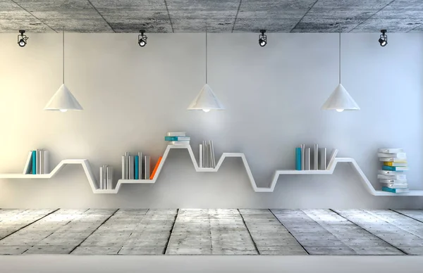 Moderne interiør værelse med en smuk møbler. Minimalistisk bogreol over dramatisk beton og træ baggrund, moderne kunst. 3d gør . - Stock-foto