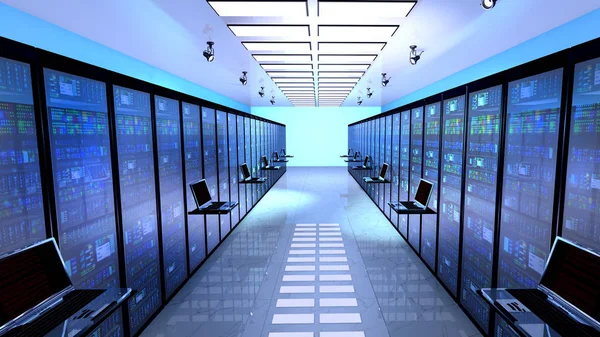 Creative business web telecommunication, internet technology connection, cloud computing and networking connectivity concept: terminal monitor in server room with server racks in datacenter interior — Stock Photo, Image