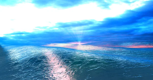 Pôr do sol sobre a renderização ocean.3d — Fotografia de Stock