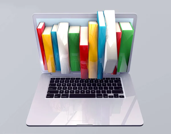 E-boek bibliotheek concept met laptop en boeken. 3D render — Stockfoto