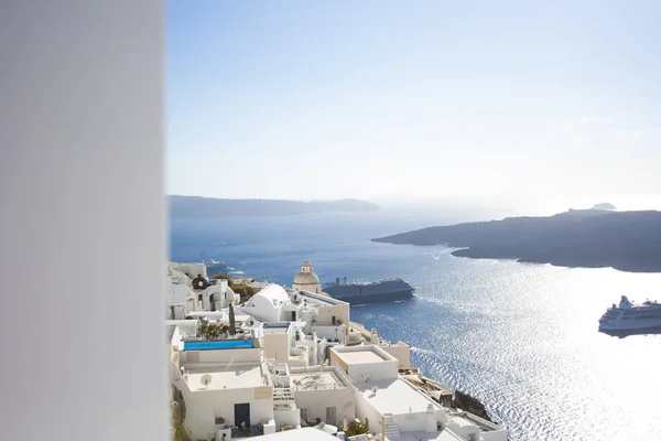 Santorini island, Greece. Oia, Fira  town. Traditional and famous houses and churches over the Caldera, Aegean sea