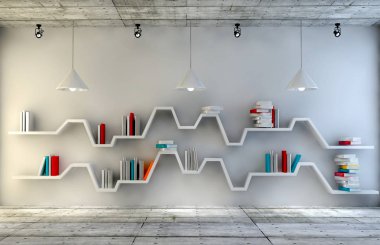 Güzel bir mobilya ile modern iç oda. Minimalist bookshelf dramatik beton ve ahşap arka plan, modern sanat. 3D render.