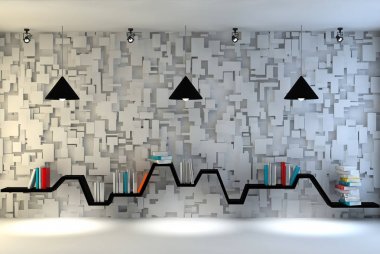 Güzel bir mobilya ile modern iç oda. Minimalist bookshelf dramatik beton ve ahşap arka plan, modern sanat. 3D render.