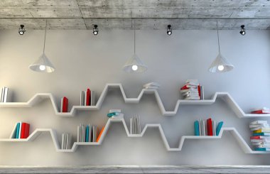 Güzel bir mobilya ile modern iç oda. Minimalist bookshelf dramatik beton ve ahşap arka plan, modern sanat. 3D render.