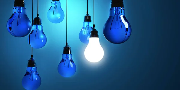 Ideia conceito, pendurado lâmpadas com um brilho isolado no fundo azul escuro. Renderização 3d — Fotografia de Stock