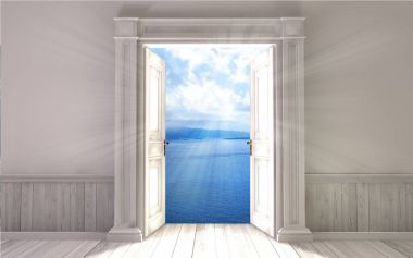 Boş oda ile açılan kapı. 3D render