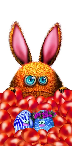 Dessin animé drôle lapin de Pâques avec des œufs de Pâques, concept de célébration des vacances — Photo