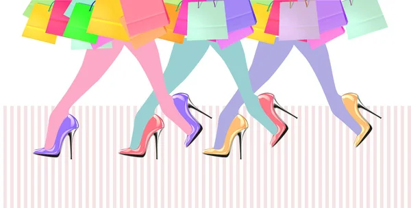 Woman legs with high heel shoes and shopping bags — Stock Photo, Image