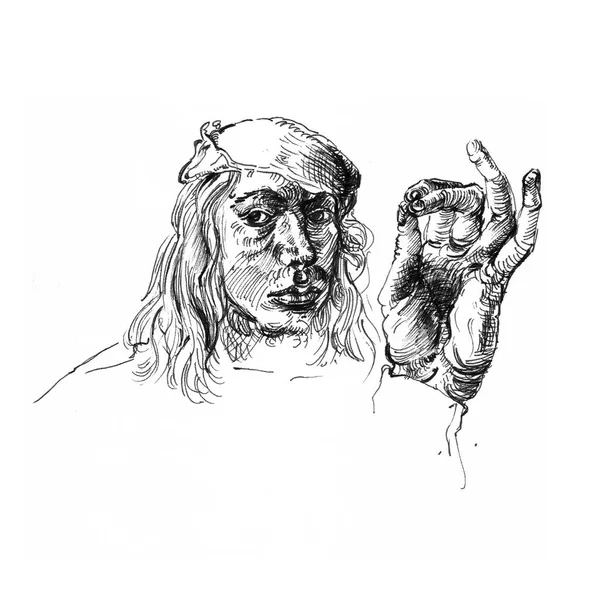 Původní výkres inspirované Albrecht Durer, 1493 studovat, autoportrét, ruka — Stock fotografie