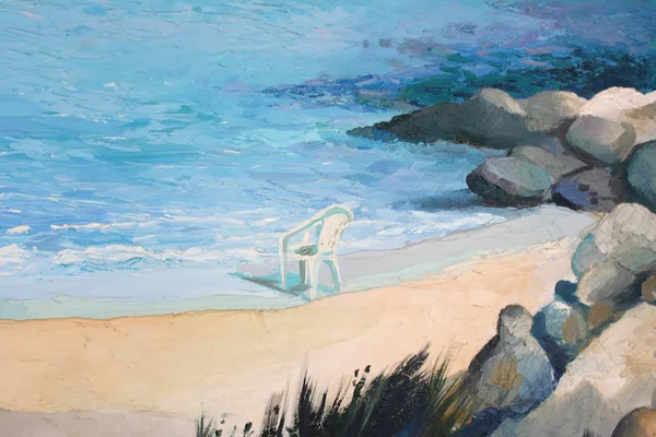 Lukisan asli, karya seni, minyak di atas kanvas, pantai alami teluk di Yunani — Stok Foto