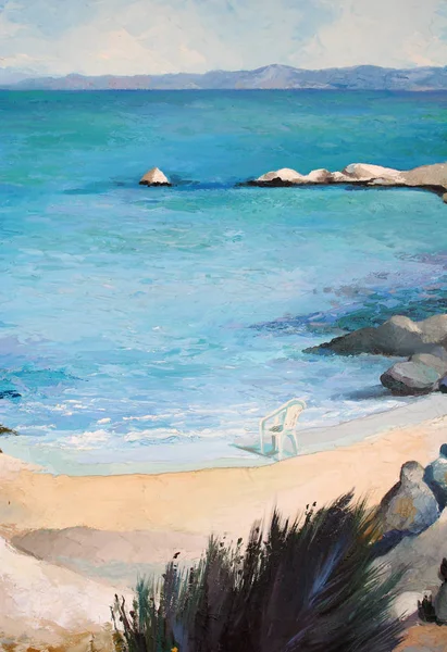 Origineel schilderij, illustratie, olie op doek, natuurlijke strand inham in Griekenland — Stockfoto