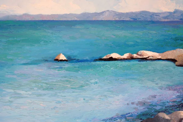 Pintura original, obra de arte, óleo sobre tela, enseada de praia natural na Grécia — Fotografia de Stock