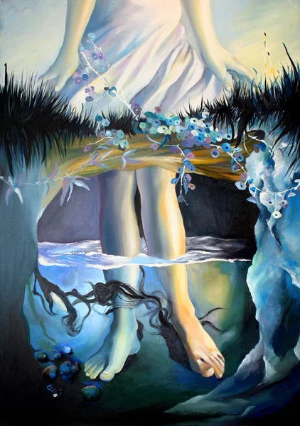 Olej na płótnie, obraz oryginalny, kobieta w wodzie. — Zdjęcie stockowe