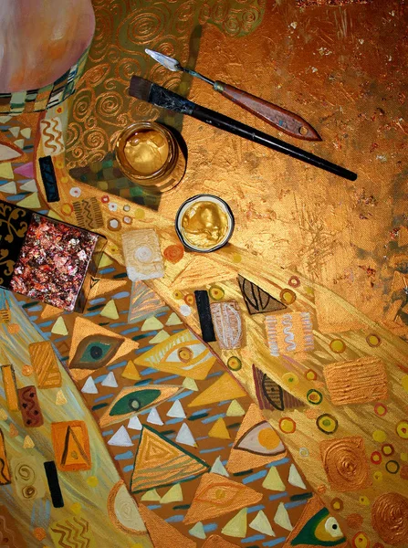 Ζωγραφισμένο καμβά, παλέτα, πινέλα και σωλήνες λαδομπογιά. Ζωγράφος χώρο εργασίας. Τέχνη έννοια. — Φωτογραφία Αρχείου