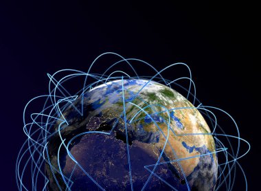 Internet kavramı küresel iş. Avrupa, Afrika, Asya'nın ana hava yolları. 3D render. 