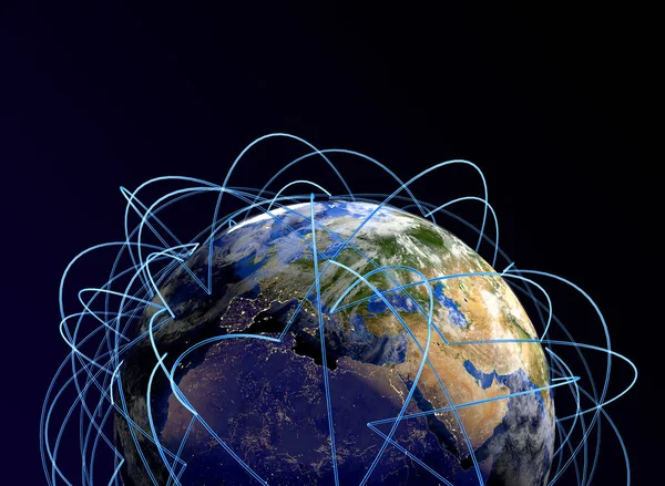 Internet έννοια της παγκόσμια επιχείρηση. Κύρια αεροπορικά δρομολόγια σε Ευρώπη, Αφρική, Ασία. 3D καθιστούν. «Στοιχεία αυτής της εικόνας επιπλωμένα από τη Nasa" — Φωτογραφία Αρχείου