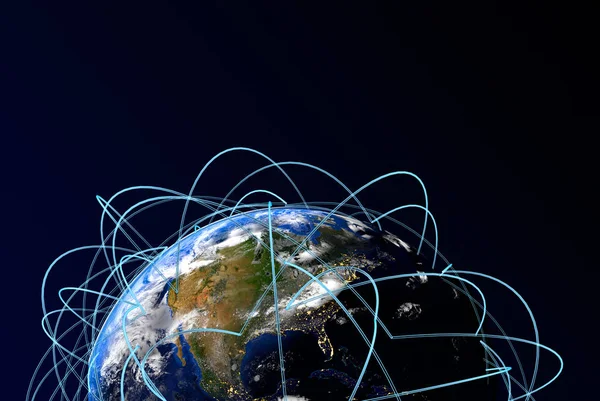 Internet-Konzept des globalen Geschäfts. Hauptflugrouten in Europa, Afrika, Asien. 3D-Darstellung. "Elemente dieses Bildes von nasa" — Stockfoto