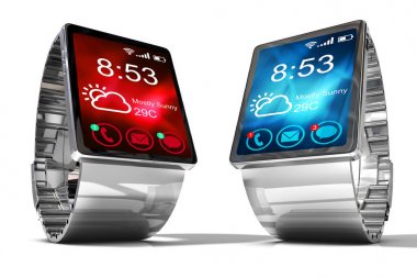     Akıllı izle beyaz arka plan üzerinde izole. yaratıcı iş hareket yeteneği ve modern cihaz giyilebilir teknoloji kavramı. renk renkli ekran arayüzü ile dijital akıllı saat. 3D render 