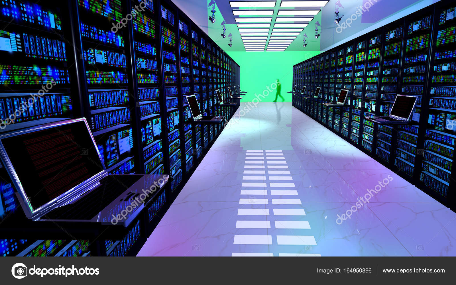 Terminal monitor in server room with server racks in datacenter. Stock