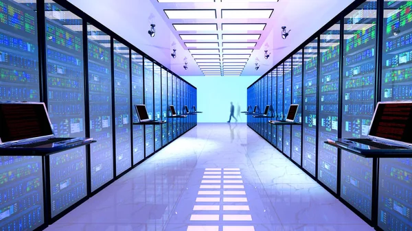 Terminalmonitor im Serverraum mit Serverschränken im Rechenzentrum. — Stockfoto