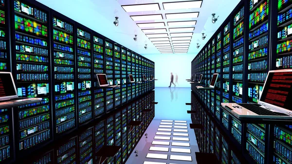 Terminál monitor v serverové místnosti s serveru stojanů v datacenter. — Stock fotografie