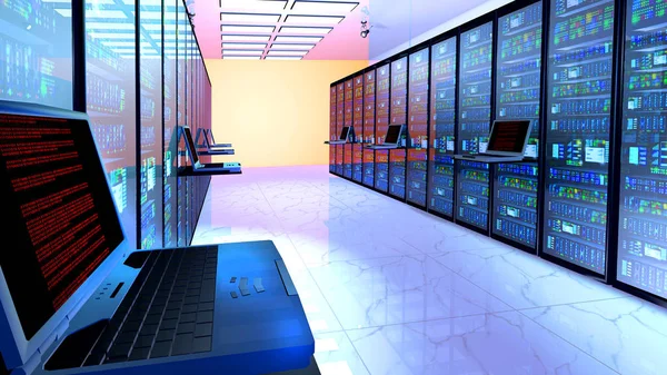 Monitor erminal na sala do servidor com racks de servidor no datacenter . Imagem De Stock