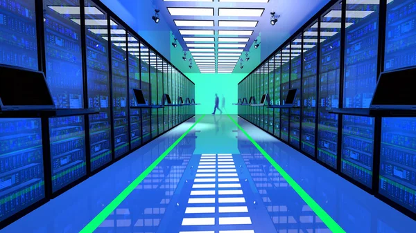 Terminalmonitor im Serverraum mit Serverschränken im Datacenter.3d-Render — Stockfoto