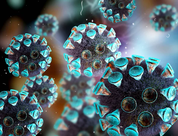 Coronavirus Covid 19概念可适用于亚洲流感的爆发 而Coronaviruses Influenza则将流感作为危险的流感病毒株 如流感大流行 显微镜病毒关闭 3D渲染 — 图库照片