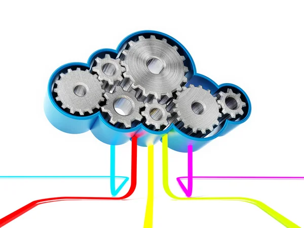 Gears forming a cloud shape connected with colored lines — Stockfoto