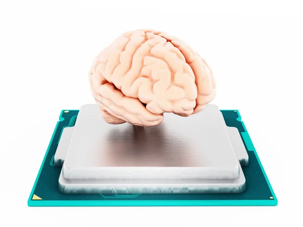 Microprocesador y cerebro humano. Ilustración 3D — Foto de Stock