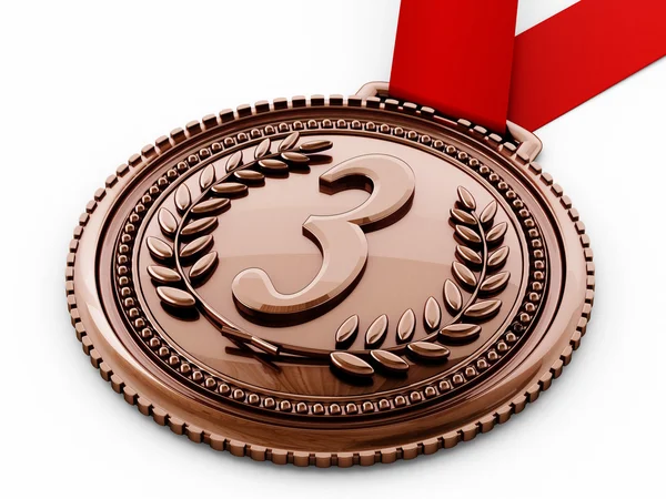 Bronzen medaille met de nummer drie en lauweren. 3D illustratie — Stockfoto