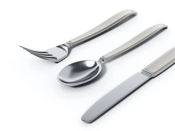 Πιρούνι, κουτάλι & μαχαίρι που απομονώνονται σε λευκό φόντο. 3D απεικόνιση — Φωτογραφία Αρχείου