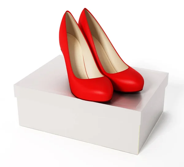 Zapatos de mujer y caja blanca. ilustración 3d —  Fotos de Stock